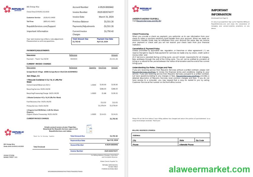 USA Rpublic Services energy utility bil Word and PDF formats, 2 pages